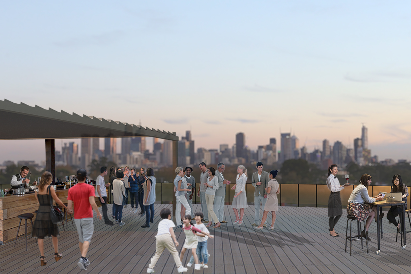 Digital render of proposed Community Pavilion at Northcote Community & Golf Hub, showing rooftop bar with view of the city.